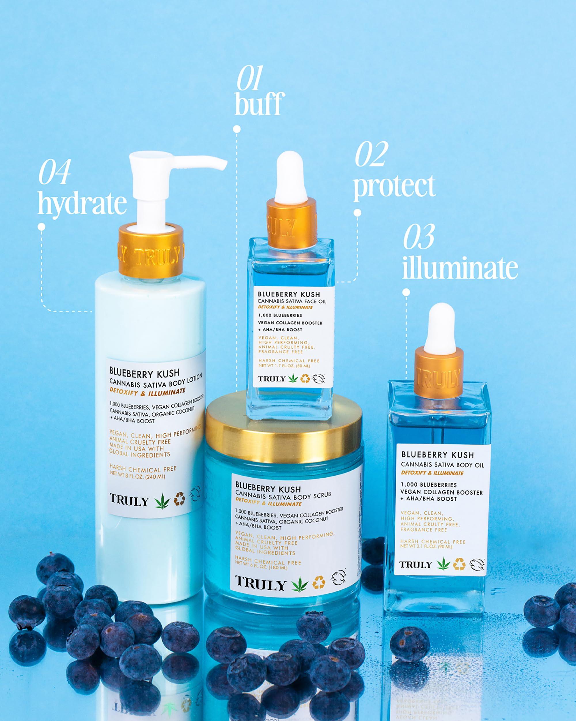 Truly Truly Beauty Blueberry Kush Body Scrub with Hydroxy Acids and Vegan Collagen - Detoxifying Sugar Scrub for Women - Exfoliating Body Scrub for Flawless and Luminous Skin - 6 oz