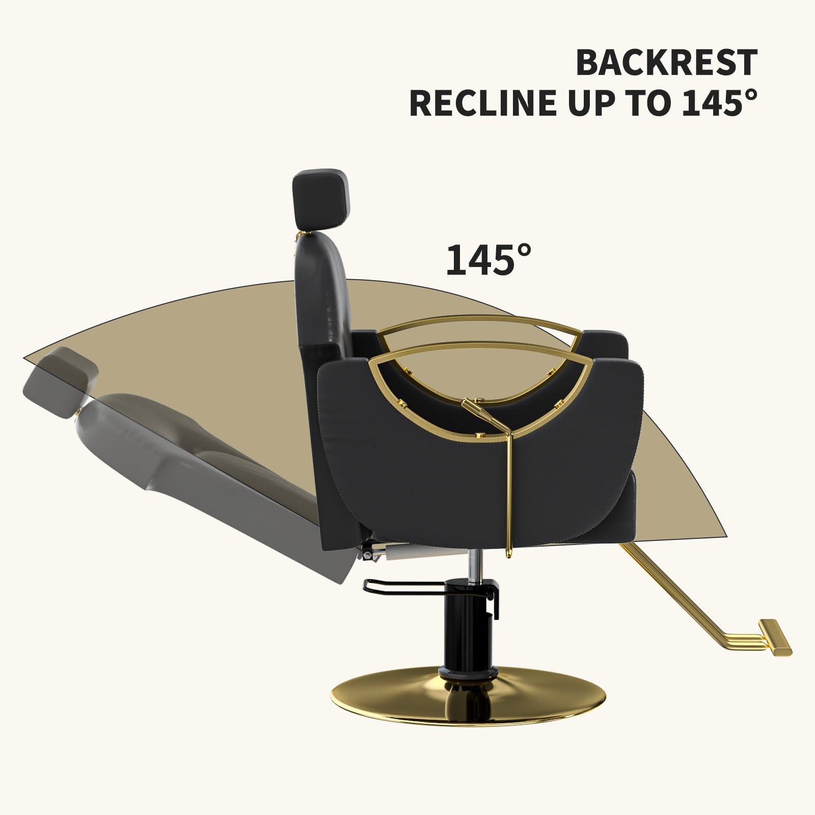 Charmmade Salon Chair Reclining Barber Chair Adjustable Recliner Styling Chair Hydraulic Adjust Height 360Swivel, Unique Headrest Design, Black and Gold