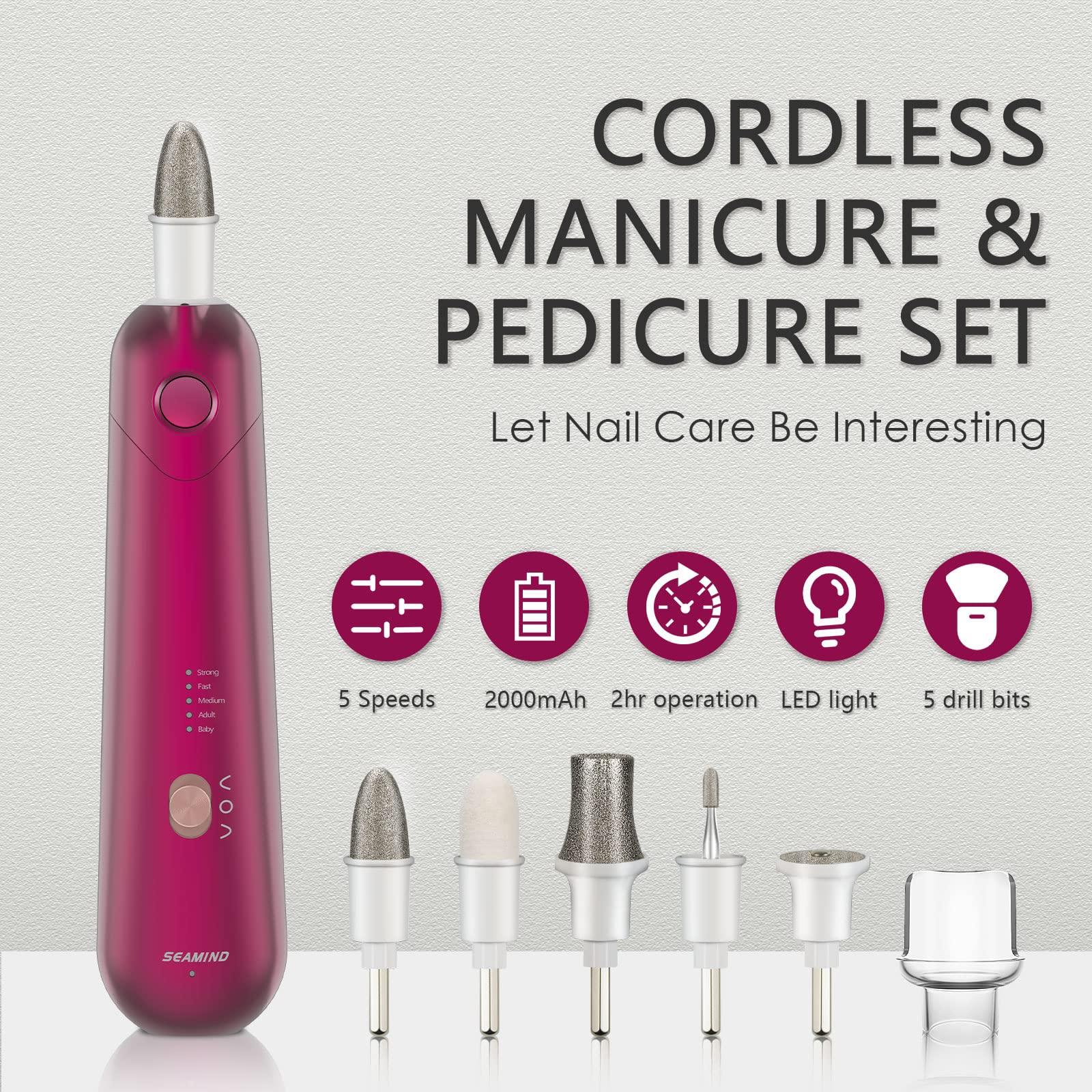 SEAMIND Professional Manicure Pedicure Set, Cordless Electric Nail File Kit, Rechargeable Nail Grinder for Thick Nails, 5 Speeds Hand Foot Nail Care Trimmer Buffer Tools