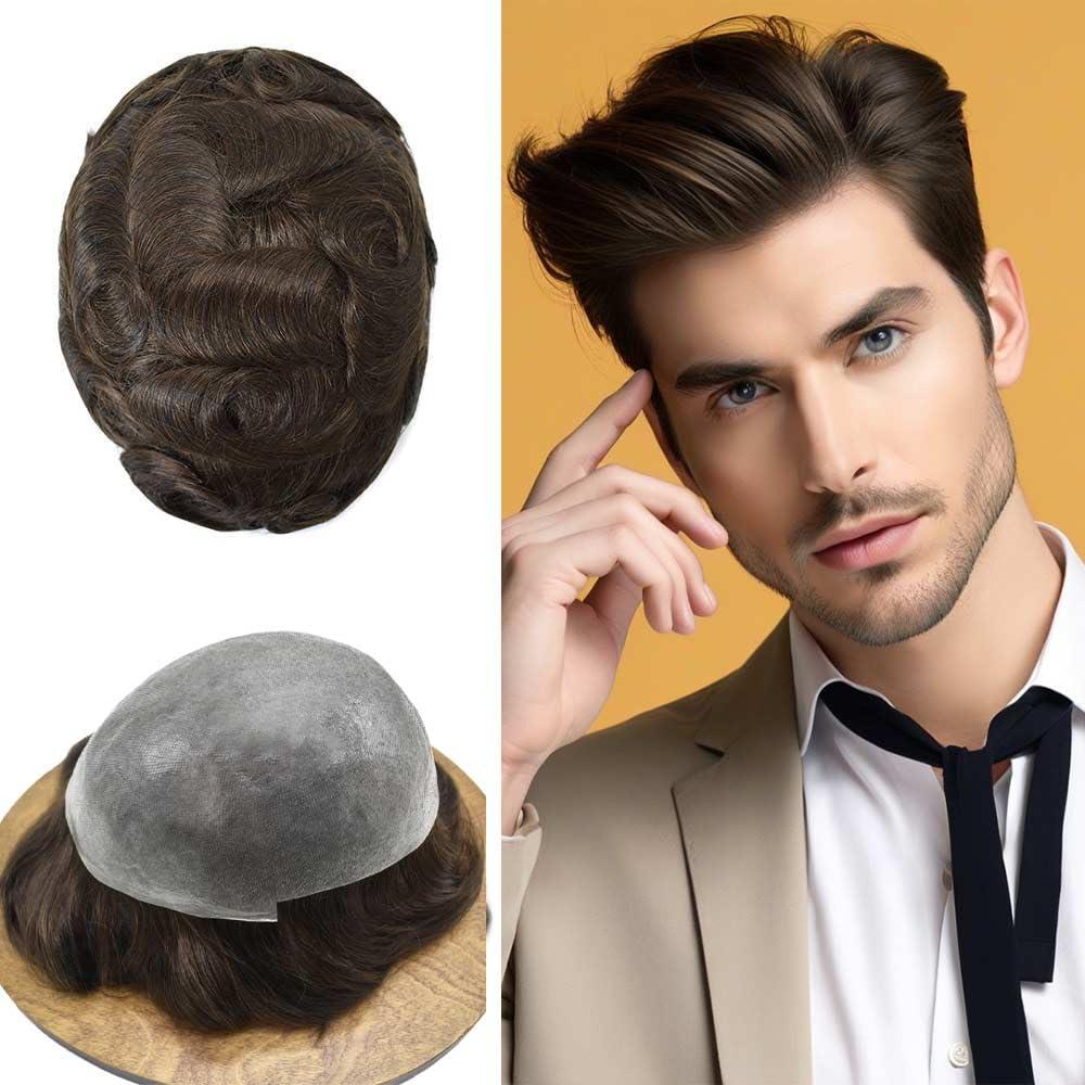 Healthlif Toupee For Men Thin Skin 0.03mm Mens Toupee Remy Human Hair V-loop Man Hairpiece Invisible Hairline Hair System For Men Hair Piece 8x10#3 Dark Brown 100% Density
