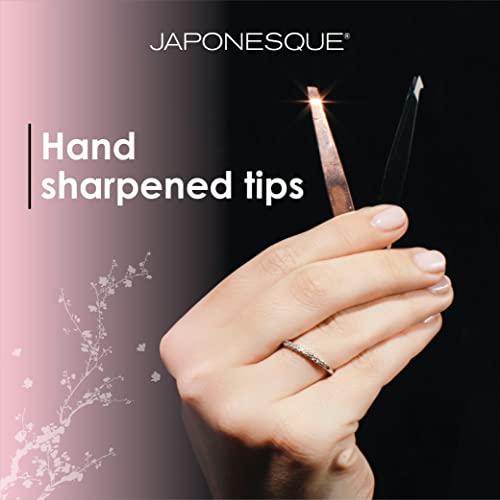 JAPONESQUE JAPONESQUE Pointed-Slant & Slant Tweezers, 2 Pack for Eyebrow Grooming, Facial Hair Removal, Rose Gold and Black, Stainless Steel
