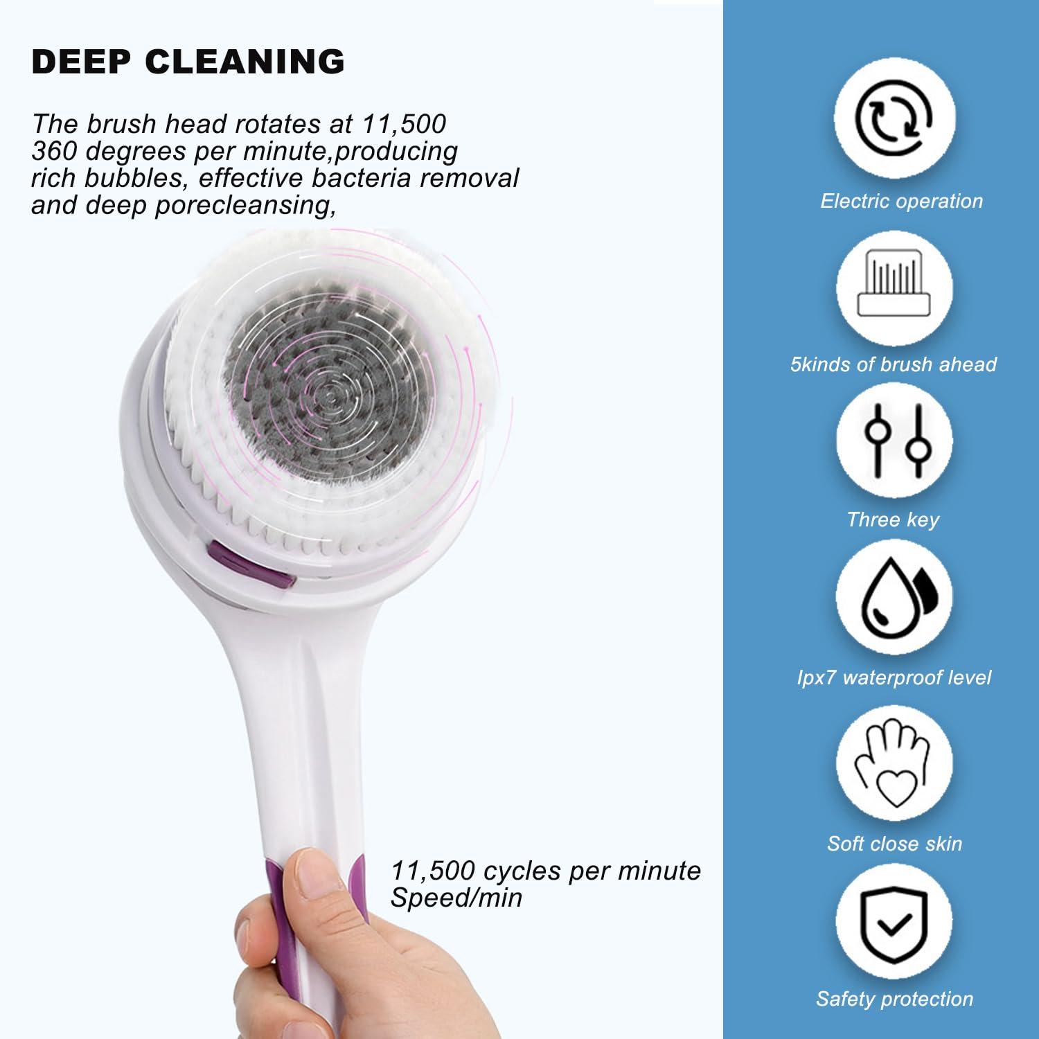 PeaMirmy Electric Body Brush,5 Attachments Brush Heads Electric SPA Brush Spin Scrubber for Shower Bathing Cleansing Wash Deep Cleaning with Silicone Rechargeable IPX7 Waterproof