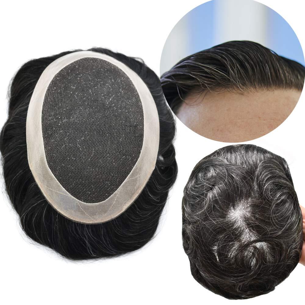 Curve Hair Toupee for Men HairPieces French Lace Mens Toupee Human Hair System Transparent Lace Replacement For Men Poly Skin Around Man Hair Unit Wigs for Men 7\"X9\",#3 Dark Brown-100% Light to Med-Light Density