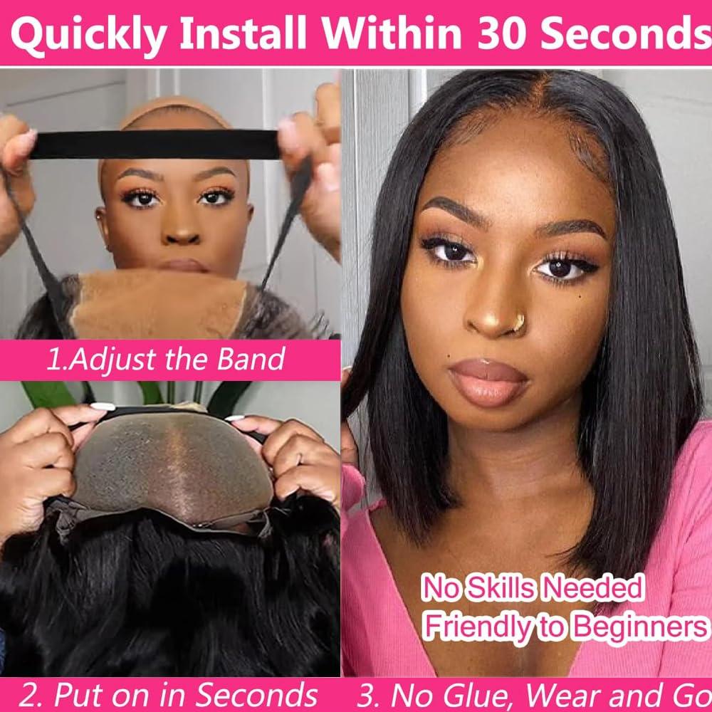 JFOOHD Bob Wig Human Hair Wear and Go Glueless Wigs Human Hair Pre Plucked Pre Cut Bob 4x4 HD Lace Closure Wig Short Straight Bob Human Hair Wigs for Black Women Upgraded No Glue Bob Wig 180% Density 10 Inch