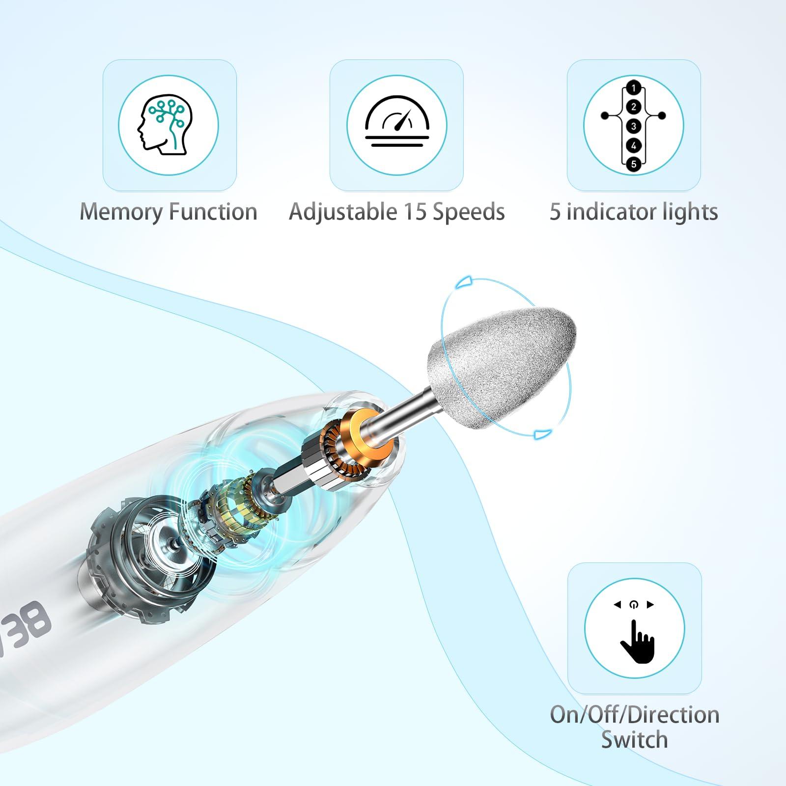 BEAUTURAL BEAUTURAL Professional Nail Drill Kit, Electric Nail File Set Machine with 10 Attachments & 20 Sanding Bands, Efile Manicure Pedicure Tools With Storage Case, LED light [Not Rechargeable and Cordless]