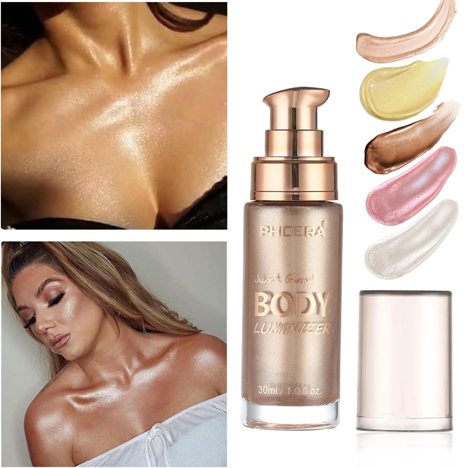 Lezero Body Shimmer Oil, Waterproof Long Lasting Moisturizing Bronze Body Luminizer Glow For Face & Body, Liquid Illuminator Body Highlighter 1oz/Jars, Makeup Brush Include (Rose Gold #01)