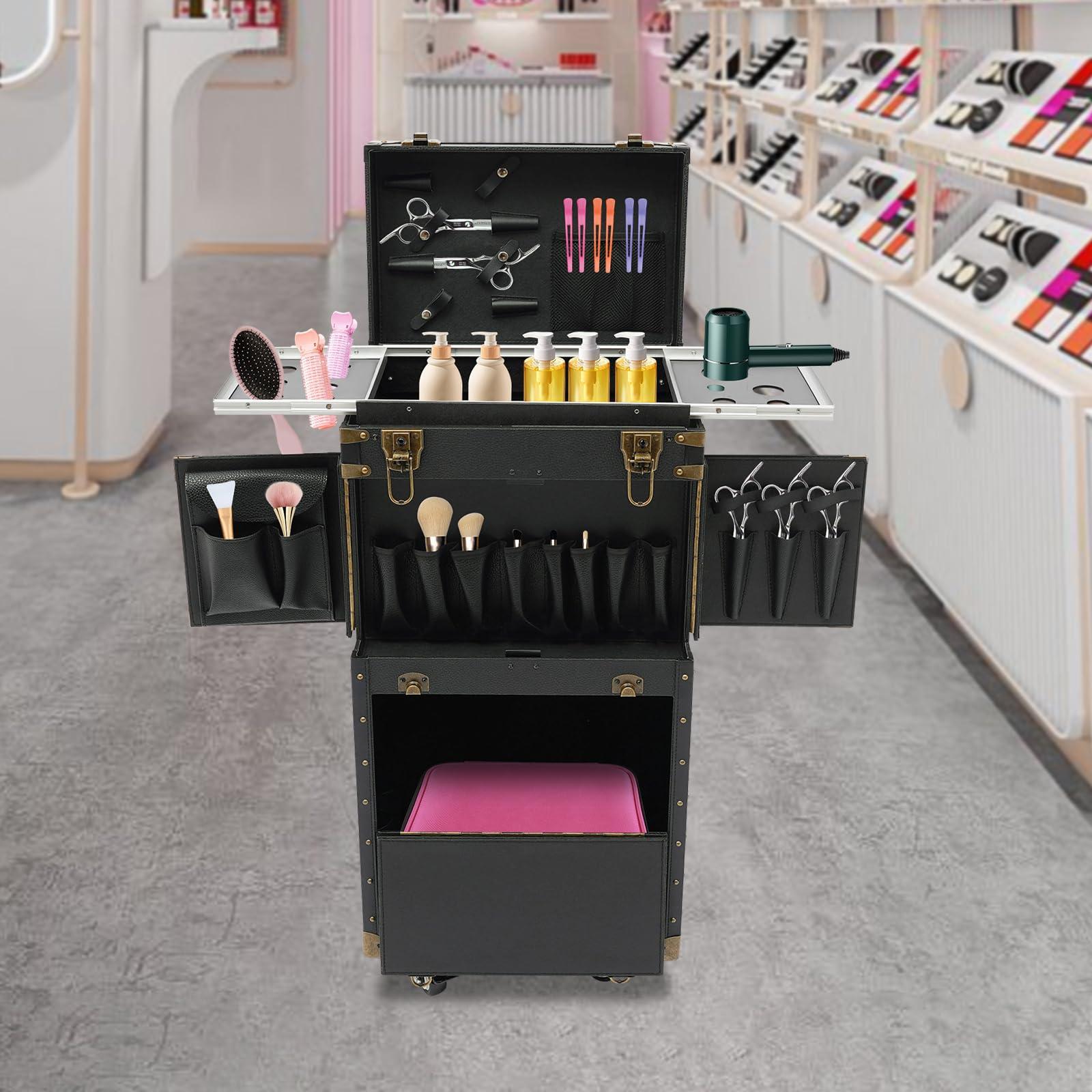 CAIHAOA CAIHAOA Rolling Lockable Makeup Train Case, Lockable Makeup Train Case Hairdressing Trolley, Cosmetology Case with Wheels, Hair Dryer Holder, 2 Mobile Password Locks and 2 Keys, Black