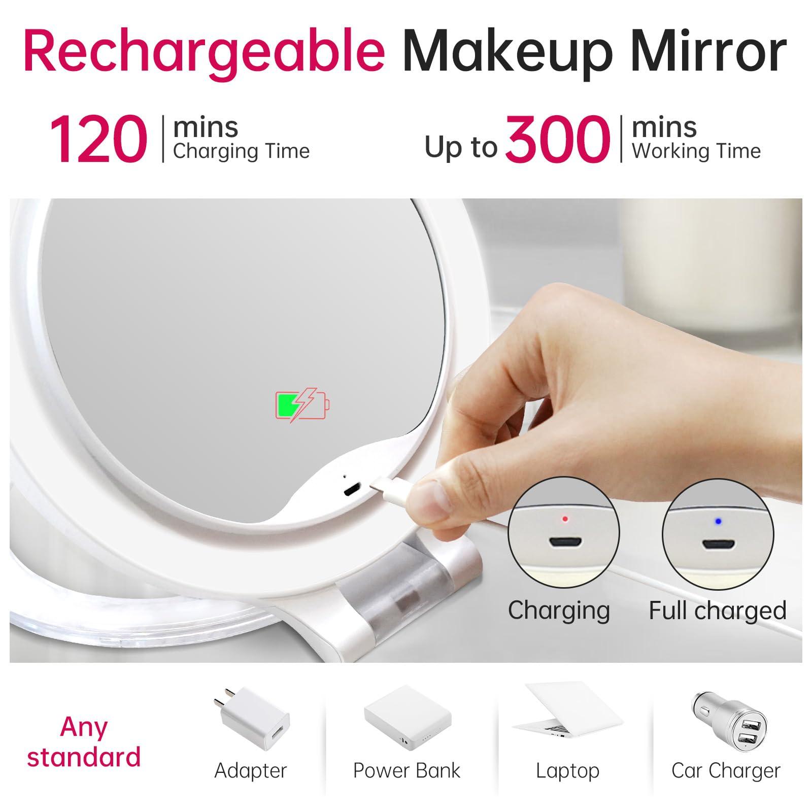 Famihomii Magnifying Travel Magnifying Mirror with Light, Makeup Mirror with 3 Color Lights and Magnification, Lighted Rechargeable Portable Cosmetic Foldable Mirror, Dimmable Adjustable Rotation with Bag