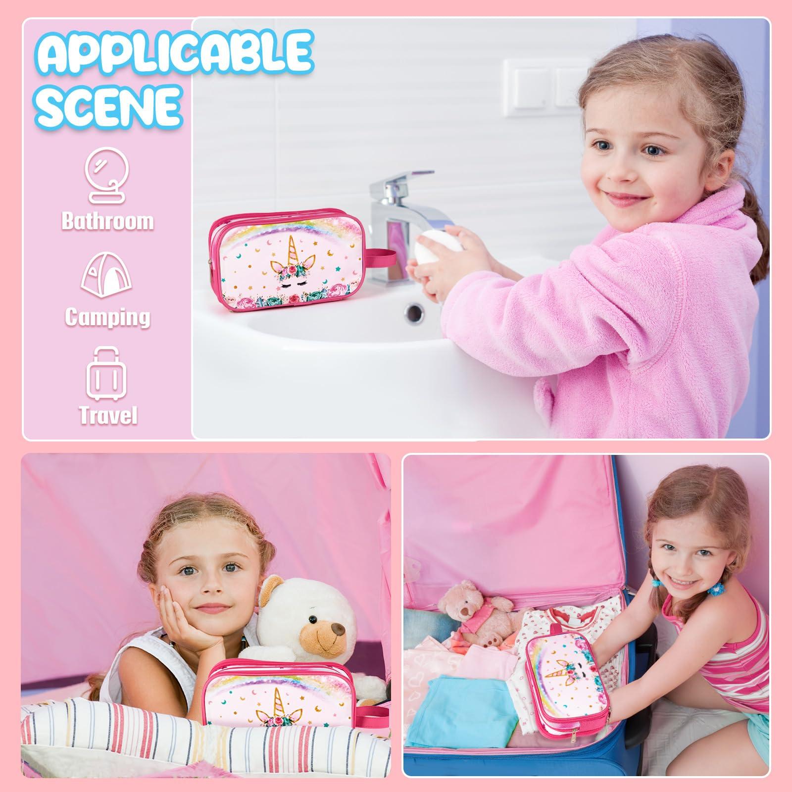 WAWSAM WAWSAM Rainbow Pink Toiletry Bag - Travel Toiletry Bag for Kids Girls Christmas Birthday Gift Camping Toiletry Case Toiletries Makeup Cosmetic Pouch Pink Water-resistant Wash Bag Dopp Kit with Pocket