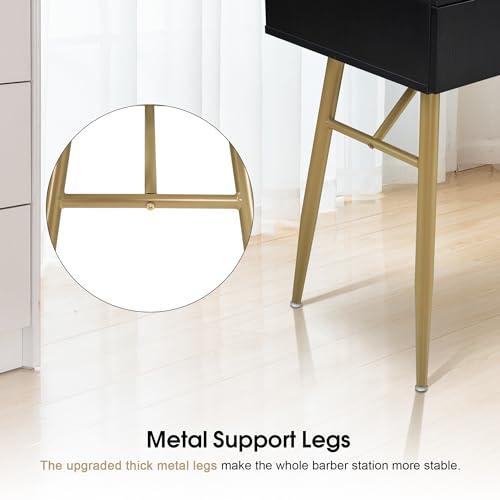 BarberPub BarberPub Salon Spa Station for Hair Stylist, Barber Station with Metal Support Legs and Golden Handles, Wall Mount Styling Cabinet, Beauty Storage Organizer 3174 (Black)