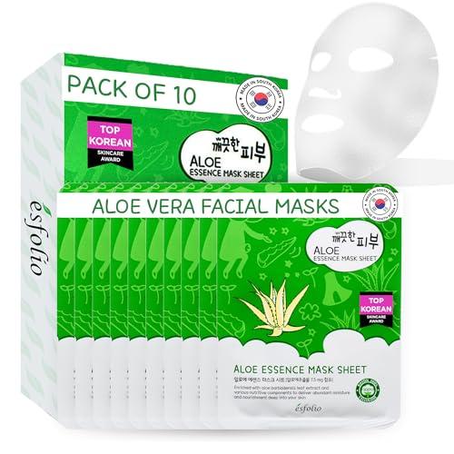 esfolio Esfolio Pure Skin Aloe Vera Essence Mask Sheet  Hydrating & Soothing Korean Face Mask for Dry, Sensitive, Sun-Exposed Skin  Moisturizing, Calming Skincare for Redness Relief Skin Repair (Pack of 10)