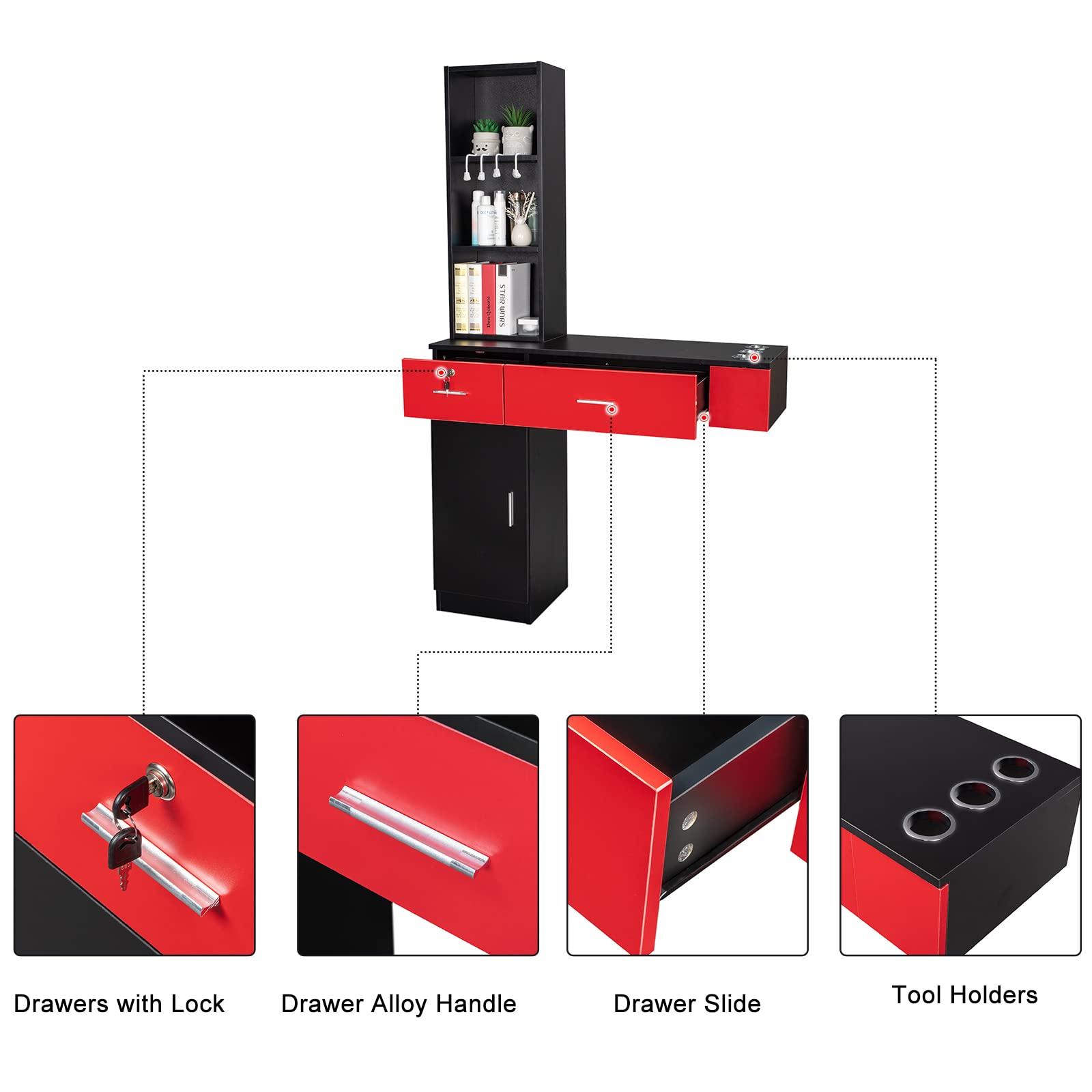 OmySalon OmySalon Wall Mount Barber Stations, Salon Stations for Hair Stylist, Hair Styling Equipement Set with a Storage Cabinet, 2 Drawers and a 3 Tier Shelf (Black&Red)