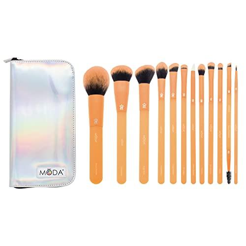 MODA MODA Totally Electric 13pc Full Face Makeup Brush Set, Includes - Powder, Complexion, Blush, Shader, Smudger & Crease Brushes with Zip Case (Neon Orange)