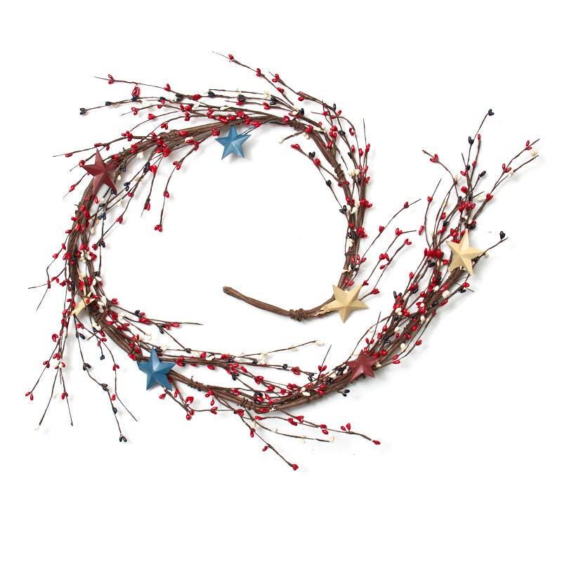 Factory Direct Craft Americana Pip Berry Garland with with Red, White and Blue Stars – Year Round Rustic Berries, Farmhouse Home Decor for Table Arrangements, Fireplace Mantel, and Seasonal Centerpiece Decorations (60" L)