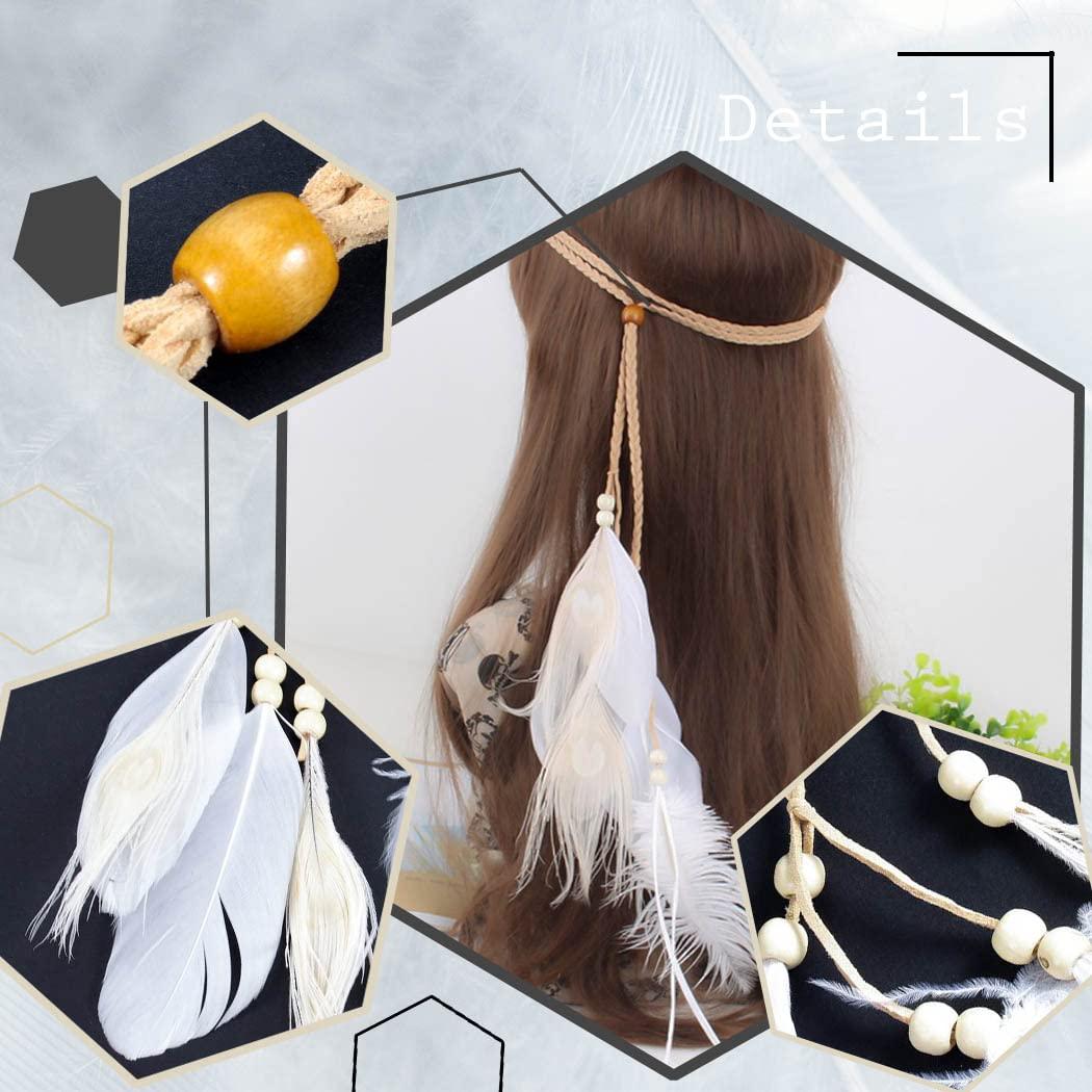 Uranian Uranian Boho Feather Headband Indian Gypsy Hippie Hairband Braided Rope Headdress Adjustable Headpieces for Festival Costume Hair Accessories for Women and Girls (3*White)