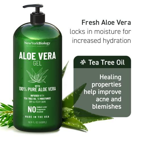 NEW YORK BIOLOGY THE ULTIMATE COSMECEUTICALS New York Biology Aloe Vera Gel for Face, Skin and Hair - Infused with Tea Tree Oil – From Fresh Aloe Vera Plant – Moisturizing Aloe Vera for Sunburn Relief and Dry Skin - 16.9 oz - Pack of 2