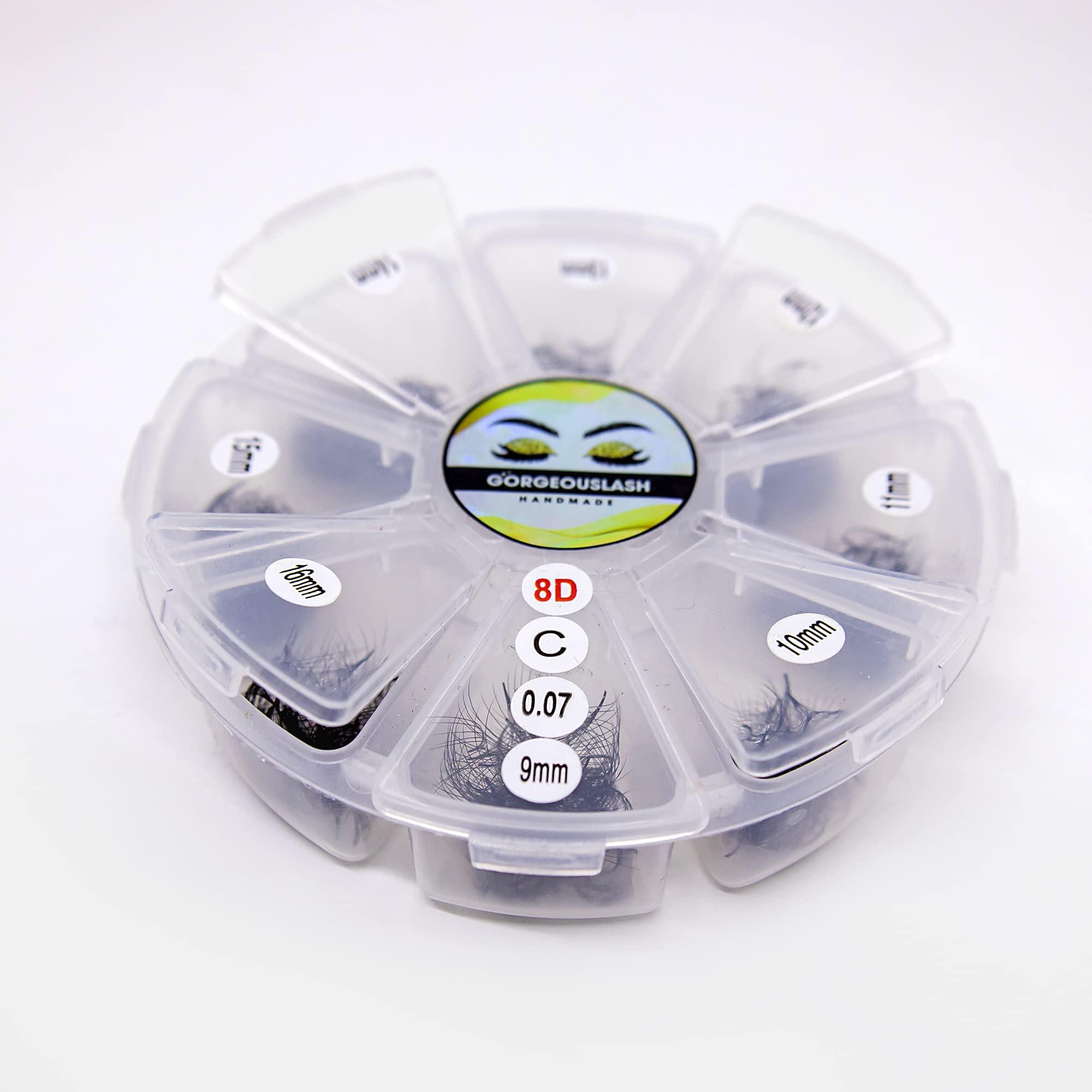 GorgeousLash Mixed Length 8D Lashes, Premade Volume Lash Fans, Eyelash Extensions. Handmade! (C Curl - 0.07, 09 to 16mm)