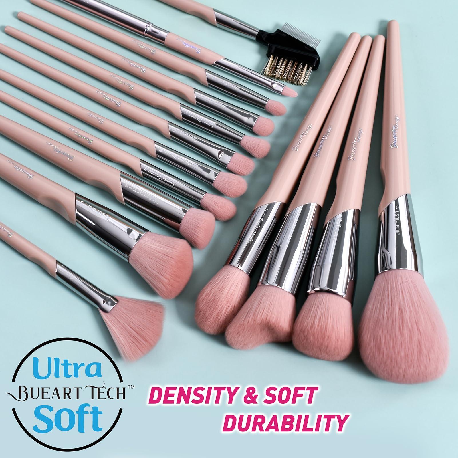 Bueart Design Bueart design 16Pcs ULTRA SOFT Labeled Best Makeup Brushes set with Travel Holder case face Contour Foundation brushes (16Pcs Elegant+Pink Holder)