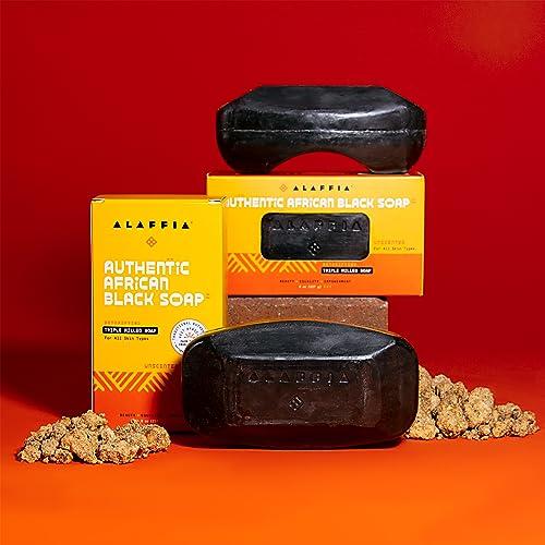Alaffia Alaffia Authentic African Black Soap Bar - Body Soap, Natural Coconut Oil, Shea Butter & Aromatic Plant Extracts, Ergonomic Bar Soap, Unscented, 8 Oz Ea (Pack of 4)