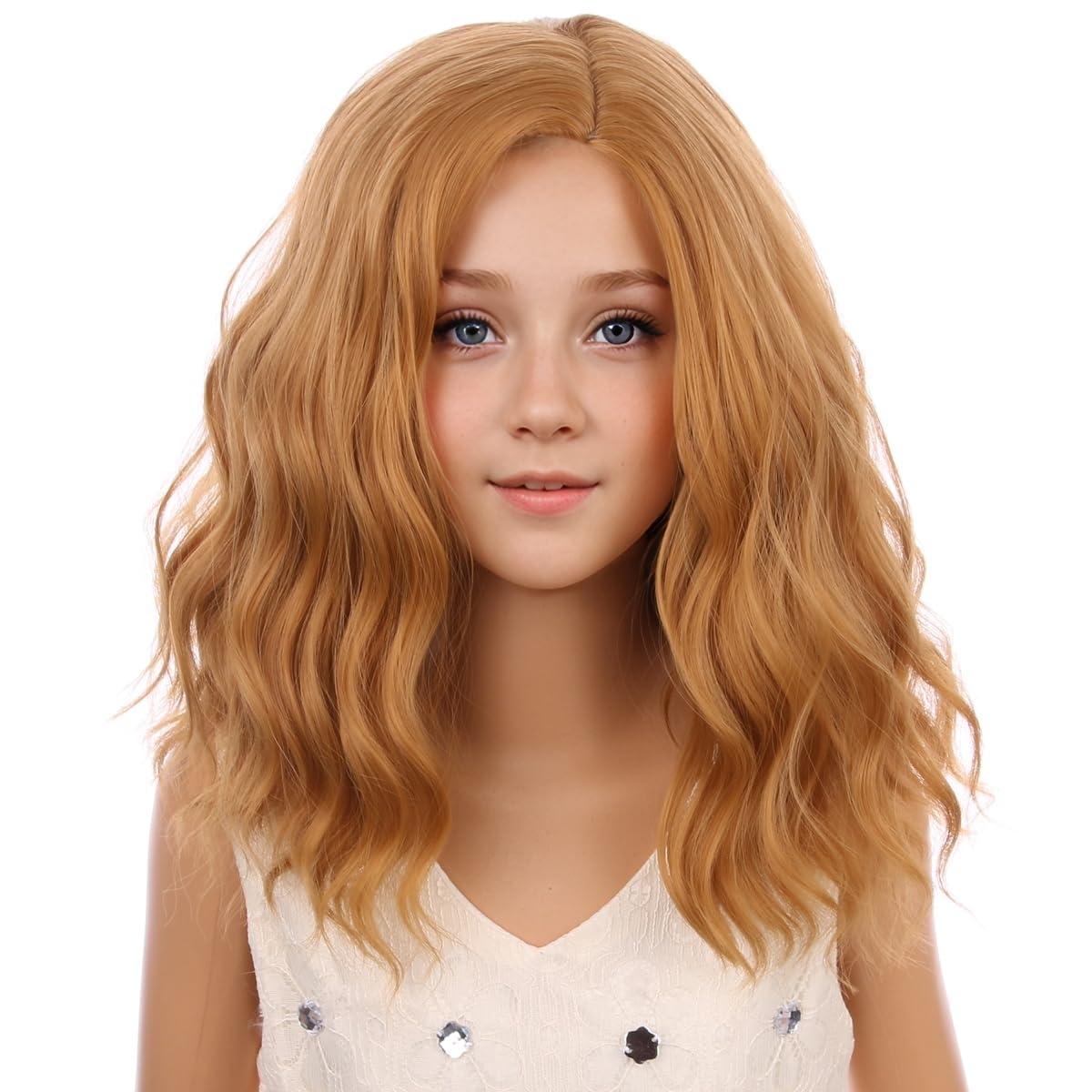 PATTNIUM PATTNIUM Strawberry Blonde Wig for Kids Child Short Curly Wavy Blonde Brown Wig Girl Side Part Shoulder Length Hair Synhhetic Wig