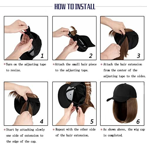 Qlenkay Qlenkay Baseball Cap with Hair Extensions Straight Short Bob Hairstyle Adjustable Removable Wig Hat 14inch for Woman Girl Ginger Brown Mix Bleach Blonde