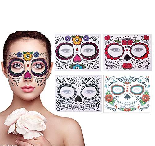 BPNHNA 4 Pack Day of The Dead Sugar Skull Face Temporary Tattoo Halloween Makeup Tattoo Stickers for Halloween Masquerade Party(Floral, Red Roses,Black and Floral Skeleton)