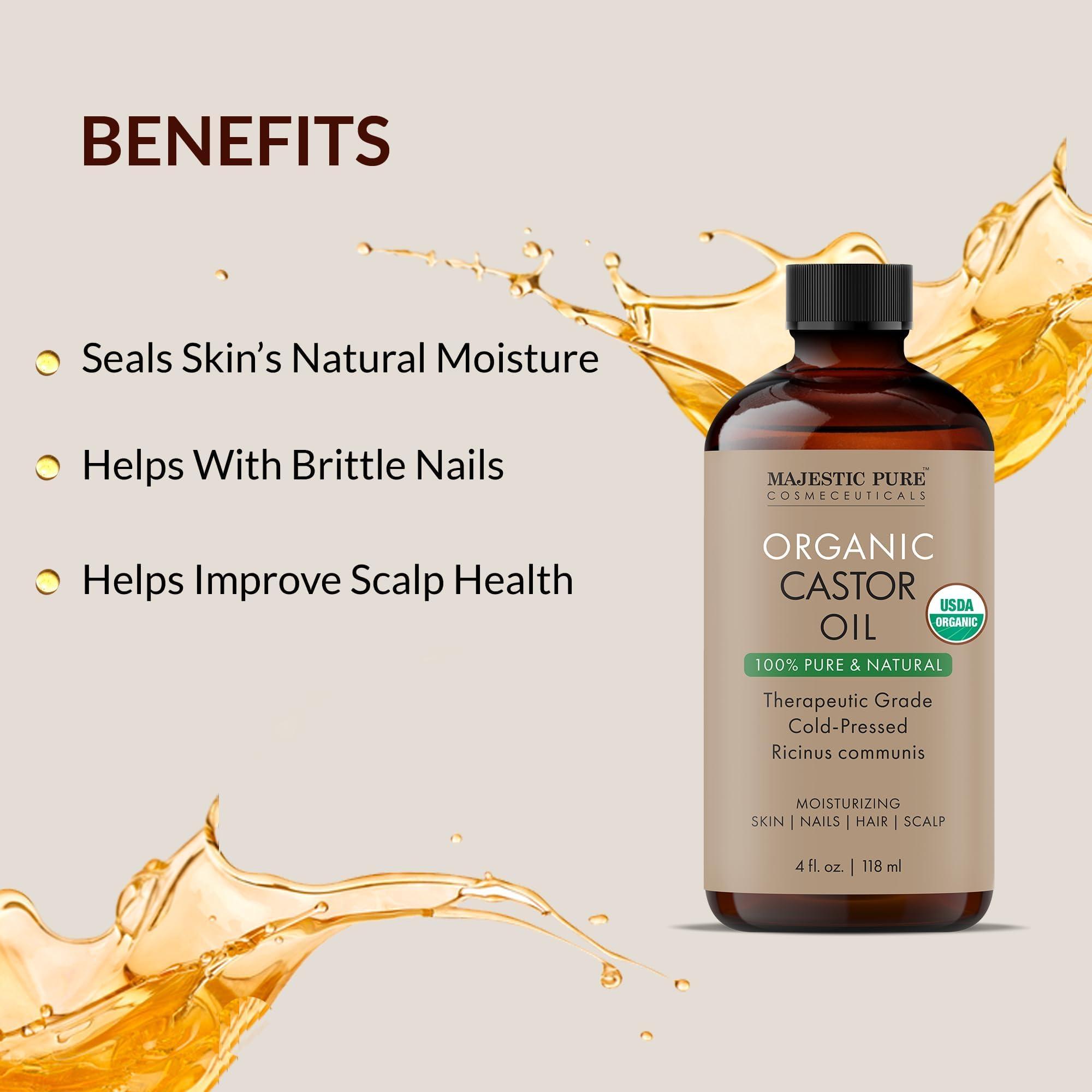 MAJESTIC PURE Majestic Pure USDA Organic Castor Oil | Hexane Free & 100% Pure | Cold Pressed | Stimulate Growth for Hair, Eyelashes, Eyebrows, Nails | Moisturizing & Nourishing | Body, Hair & Carrier Oil | 4 Fl Oz