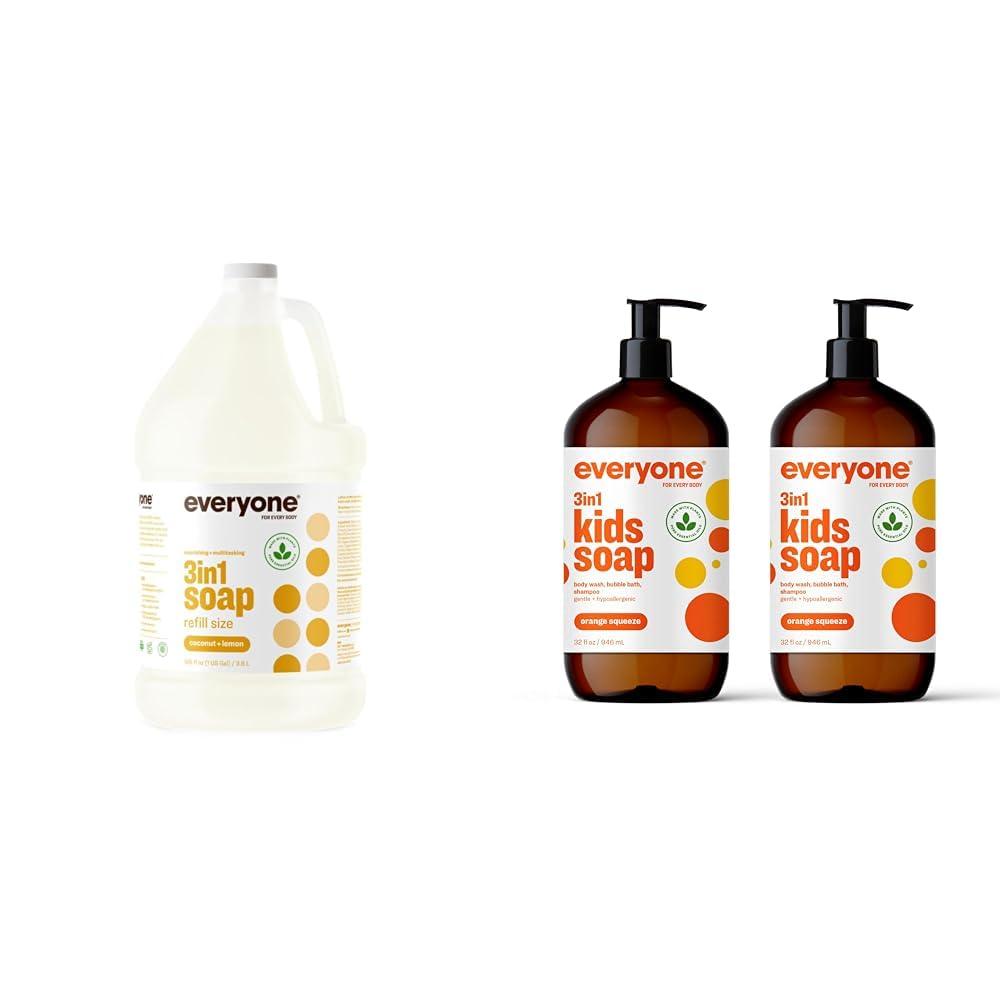 everyone for every body Everyone 3-in-1 Soap, Body Wash, Bubble Bath, Shampoo Bundle with 1 Gallon Coconut Lemon and 2 Pack 32 Ounce Orange Squeeze Kids