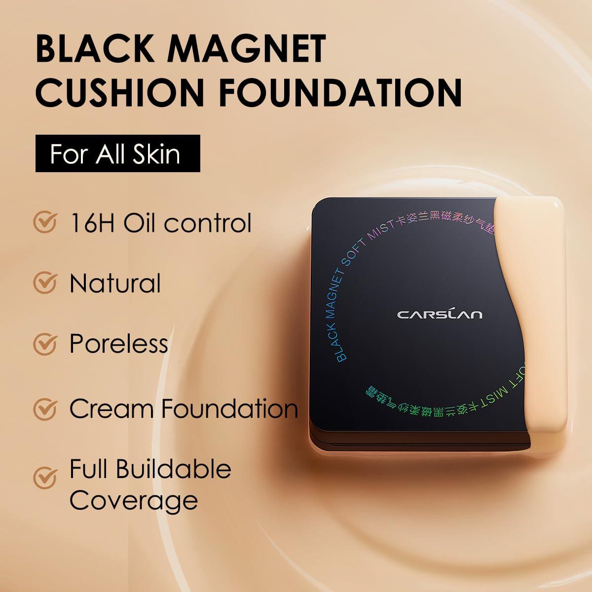 CARSLAN CARSLAN Soft Focus Makeup Powder Waterproof Oil Control Setting Powder, Black Magnet Cushion Foundation, Refill Included, Face Cosmetics Kit, 3Pcs