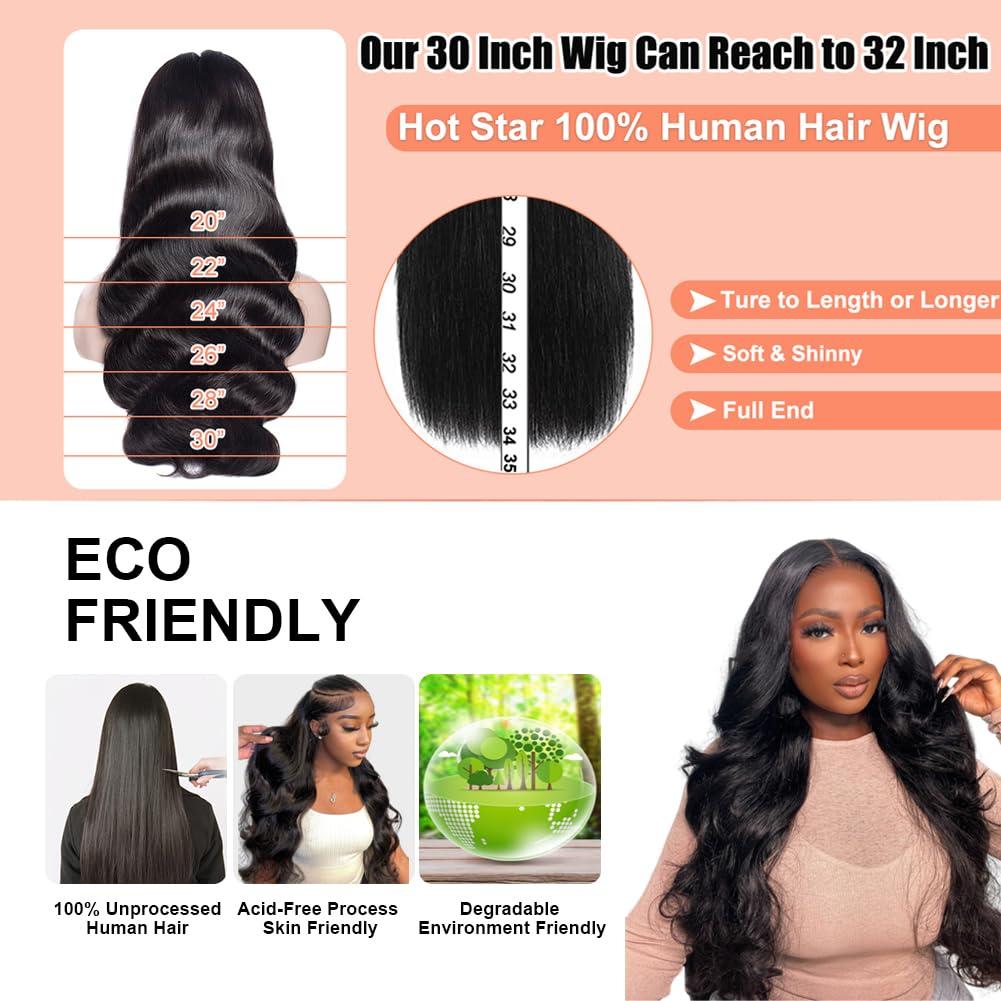HOT STAR HOT STAR 250% Density 13x6 Lace Front Wigs Human Hair Body Wave HD Transparent Lace Frontal Wigs 100% Human Hair Glueless Wigs Human Hair Pre Plucked for Black Women 32 Inch