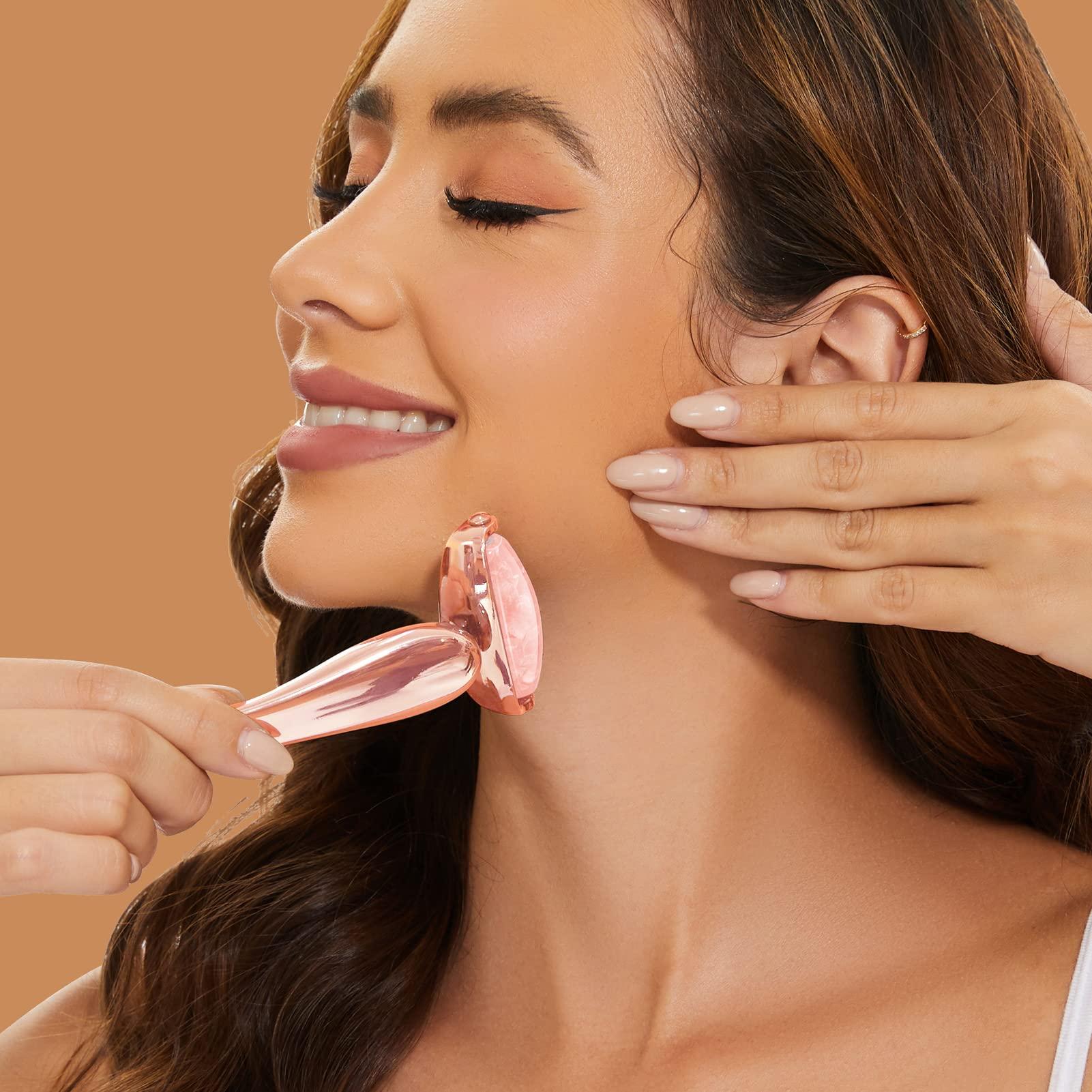 ROMALOVE ROMALOVE Jade Facial Roller, Jade Face Roller Massager with 3 Interchangeable Heads for Women Routine Skin Care, Reduce Puffiness Wrinkling Rejuvenate Skin (Pink Roller + Rose Gold)