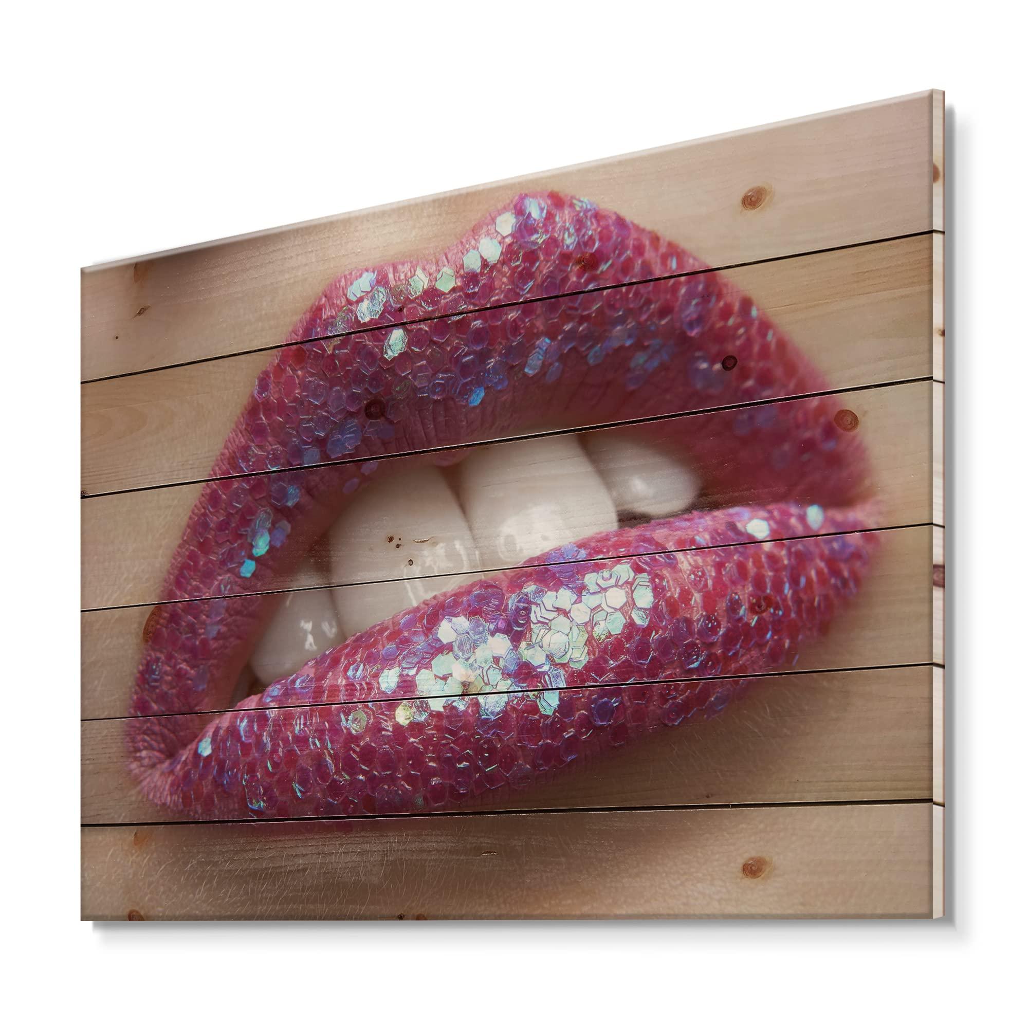 DesignQ DesignQ Woman Female Lips Pink Lipstick And Sequins Modern & Contemporary Wood Wall Decor, Pink Wood Wall Art, Large People Wood Wall Panels Printed On Natural Pine Wood Art