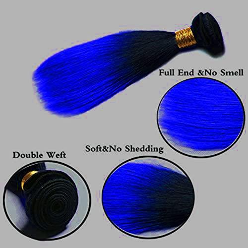 muaowig muaowig Blue Weave 3 Bundles Ombre Human Hair Bundles Dark Roots Black To Blue Tow Tone Hair Bundle Double Weft 3 Bundle Straight Ombre Hair Bundle 22 24 26 inch, 10.5822 Ounce
