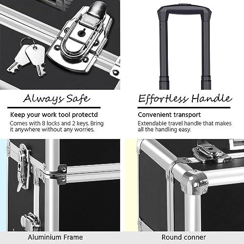 Yaheetech Yaheetech Rolling Makeup Train Case 3 in 1 Cosmetic Makeup Case Large Aluminum Trolley Makeup Travel Case Professional Rolling Cosmetic Beauty Storage, with 360 Swivel Wheels, Black