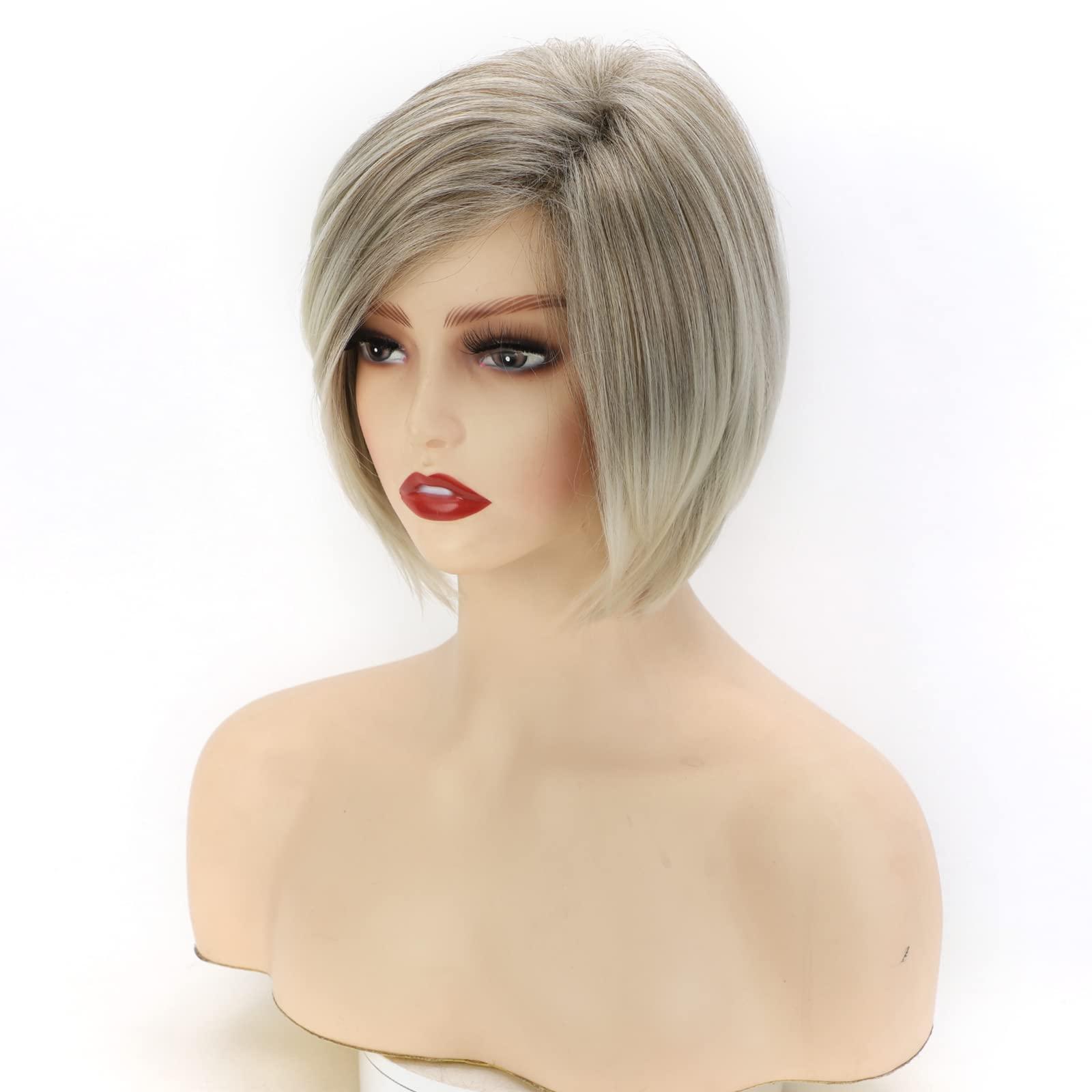 TISHINING TISHINING Layered Short Blonde Bob Wigs for White Women Chin Length Ash Blonde Side Part Pixie Bob Wig Straight Hair Synthetic Natural Looking Daily Party Wig Inverted Bob Wig