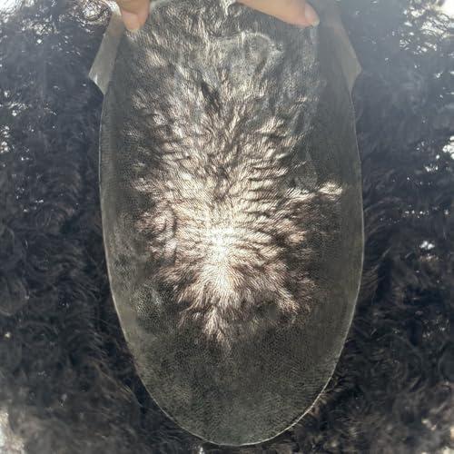Hair Wonders Afro Toupee for Black Men Soft Full Poly African American Men Toupee Kinky Curly Brazilian Human Hair Pieces Man Weave Hair Unit Black Men 8x10 inch Hair Units for Black Men 1# JET BLACK 12mm wave
