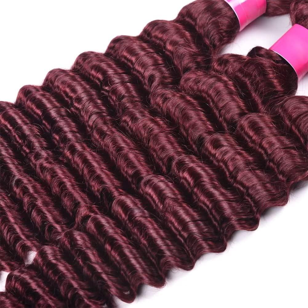 FEEL ME 99j Deep Wave Human Hair Bundles Brazilian Hair Weave 3 Bundles Red Burgundy Deep Curly Human Hair Bundles 14 16 18 Inch 10A Unprocessed Brazilian Curly Virgin Hair Extensions
