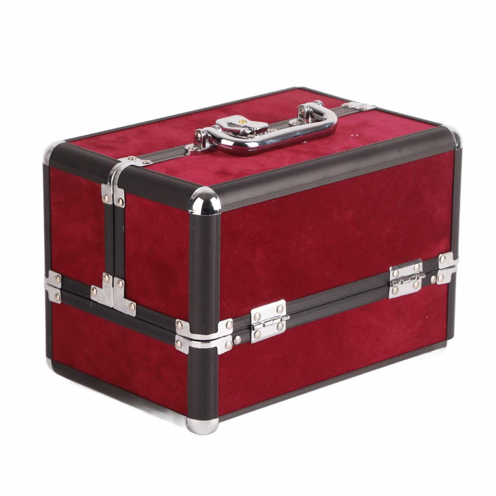 Dioche Large Makeup Case with High Capacity Storage with Lockable for Home Salon, Makeup Tools Traveling Makeup Case 25x17x17cm (Wine Red and Black Strip Black Bottom)