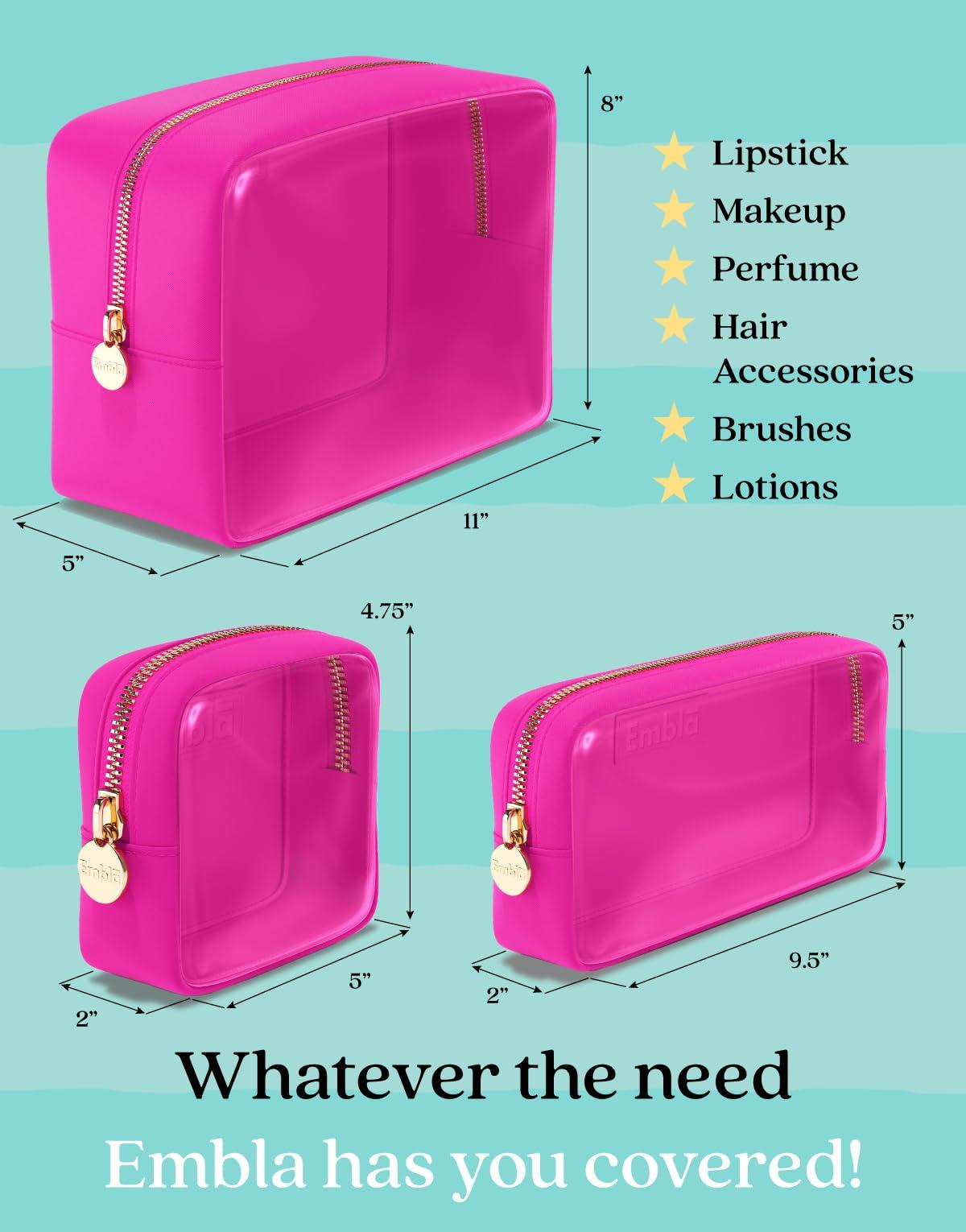 Embla Clear Cosmetic Bags Set of 3, Mini Small Large Makeup Bags For Women Clear Pouch Cosmetics Cases Zipper Cute Pouches Make Up Travel Toiletry Essentials Preppy Purse Organizer Makeup Cases, Fuchsia