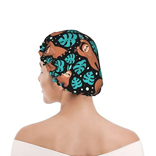 IDNUYIA Cute Sloth Shower Cap For Women, Layers Bathing Shower Reusable Elastic Band Stretch Hem Hair Hat