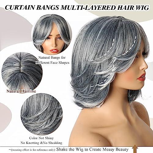 LEOSA LEOSA Short Grey Wig With Curtain Bangs BoB Layered Silver Grey Wigs for Women BOB Layered Wigs Pixie Cut Layered Wig Hair Synthetic Hair Wigs With Daily Use (Grey#)