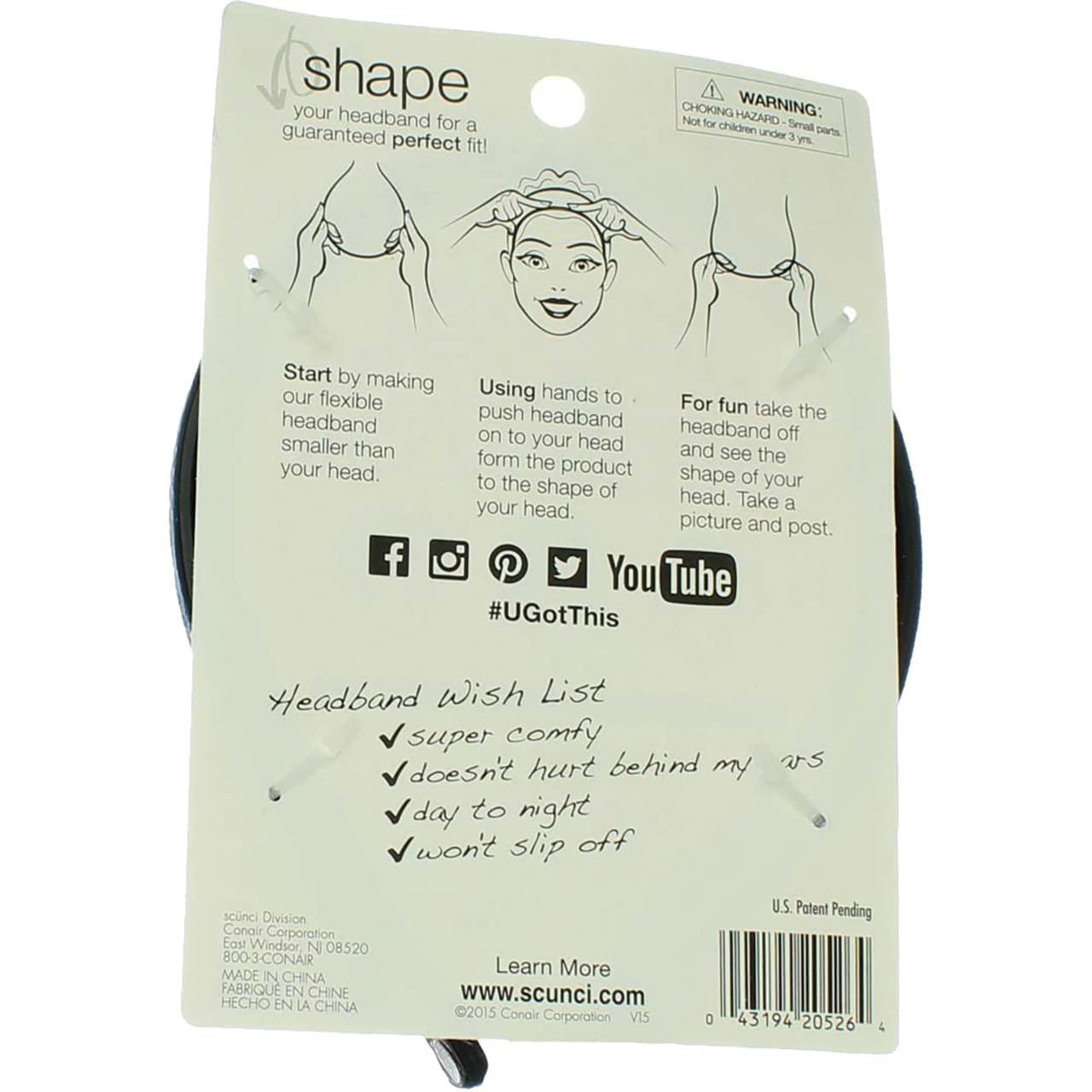 Scunci Scunci The Most Comfortable Headband Ever, Flexible No-Slip Grip, 2-pcs per Pack in Assorted Colors (1-Pack)