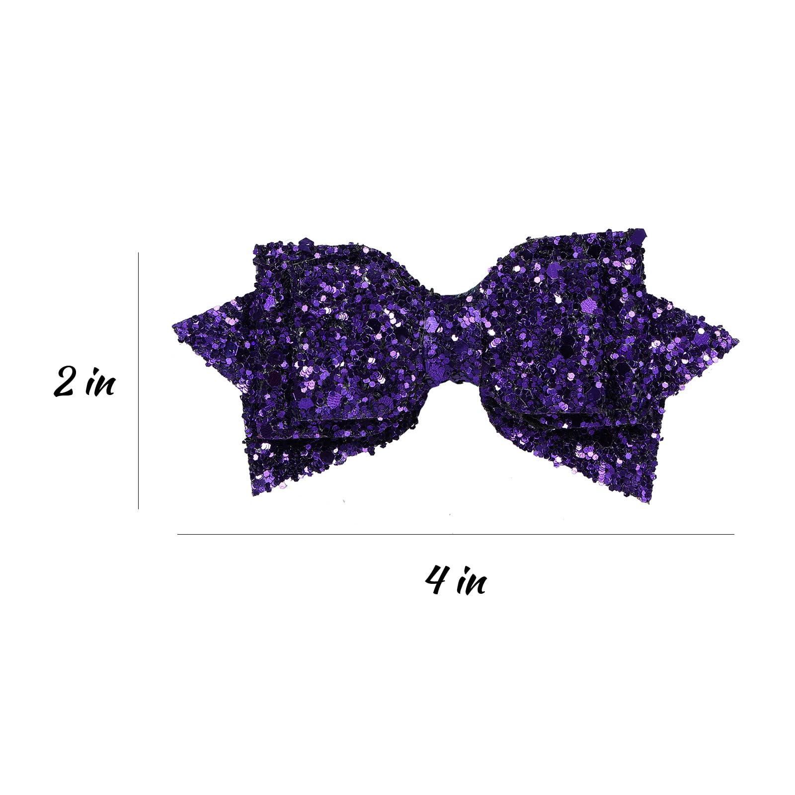 Miroksh 4\" Glitter Purple Hair Bow Clips Sparkling Sequin Alligator Barrettes Pins for Teens Toddler Cheerleader Girls Kids Halloween Costume Decor Accessory Back School Mardi Gras Gift