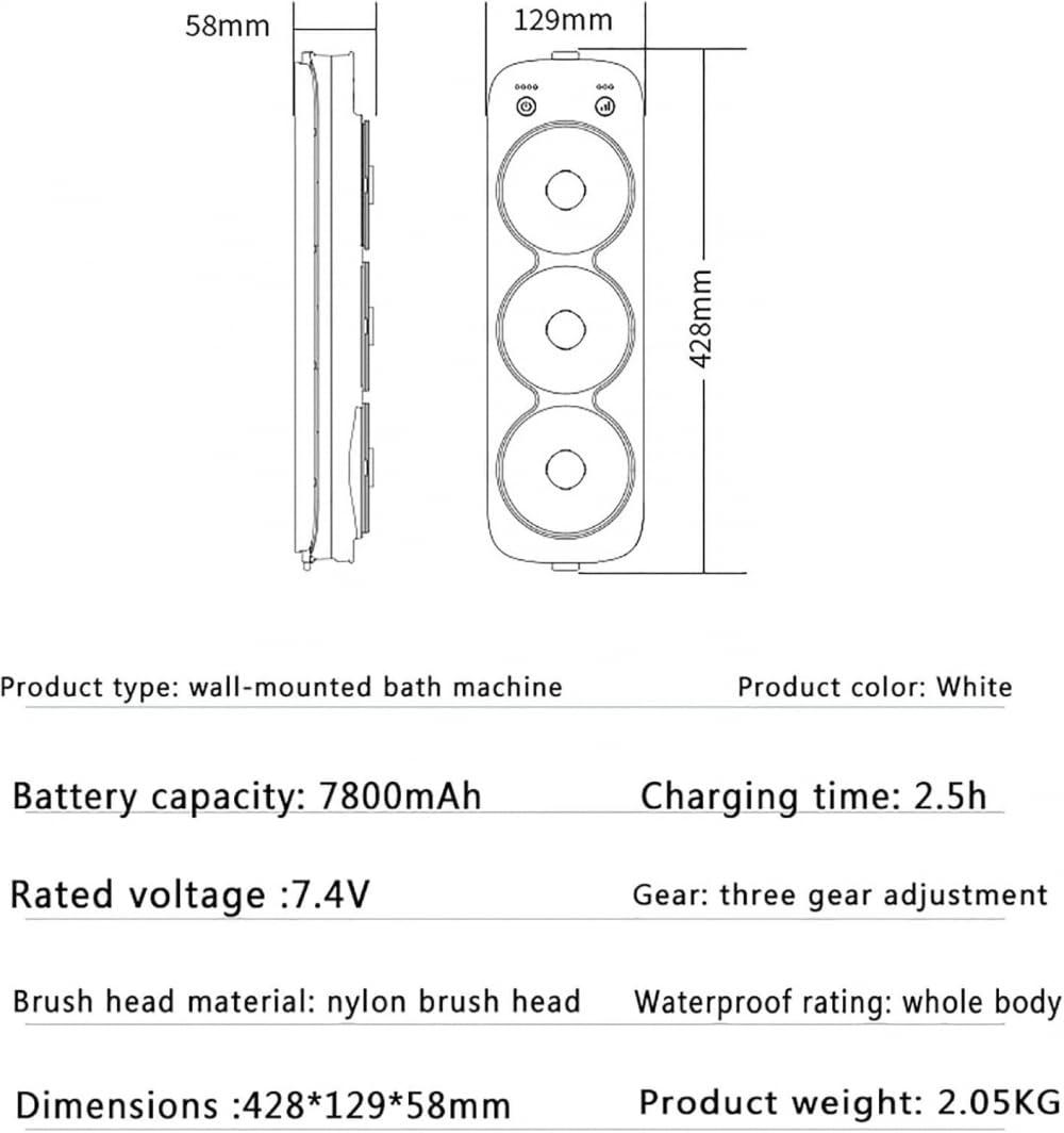 YIJIEHH YIJIEHH Electric Shower Body Brush, Rechargeable Wall Mounted Back Scrubber, Height Adjust 64cm, 33CM Diameter Spinning Skin Brush Rechargeable
