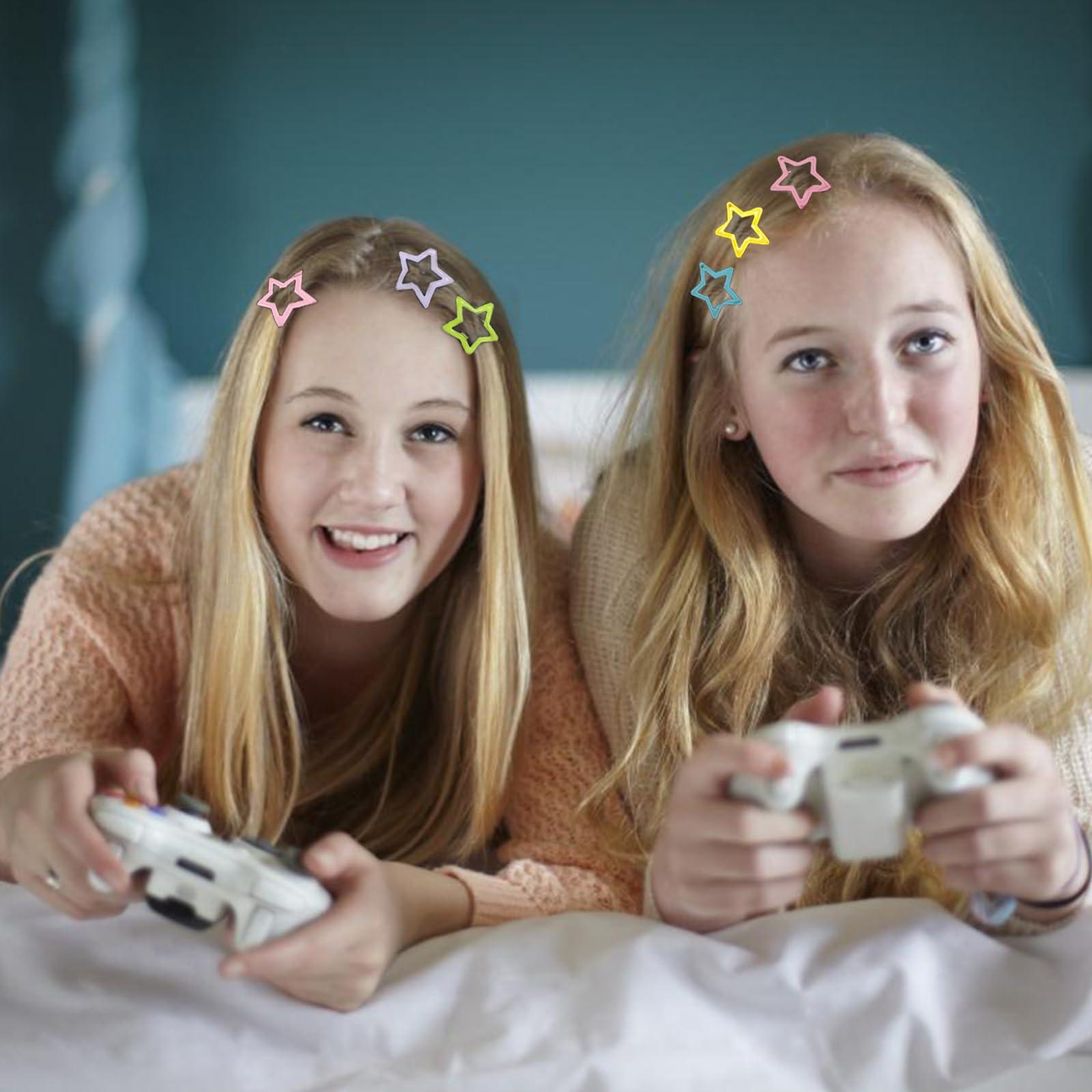 Nolang 24 PCS Star Hair Clips,Silver Star Barrettes for Girls,Non Slip Star Shaped Snap Hair Clip Accessories for Women (greenish pink)