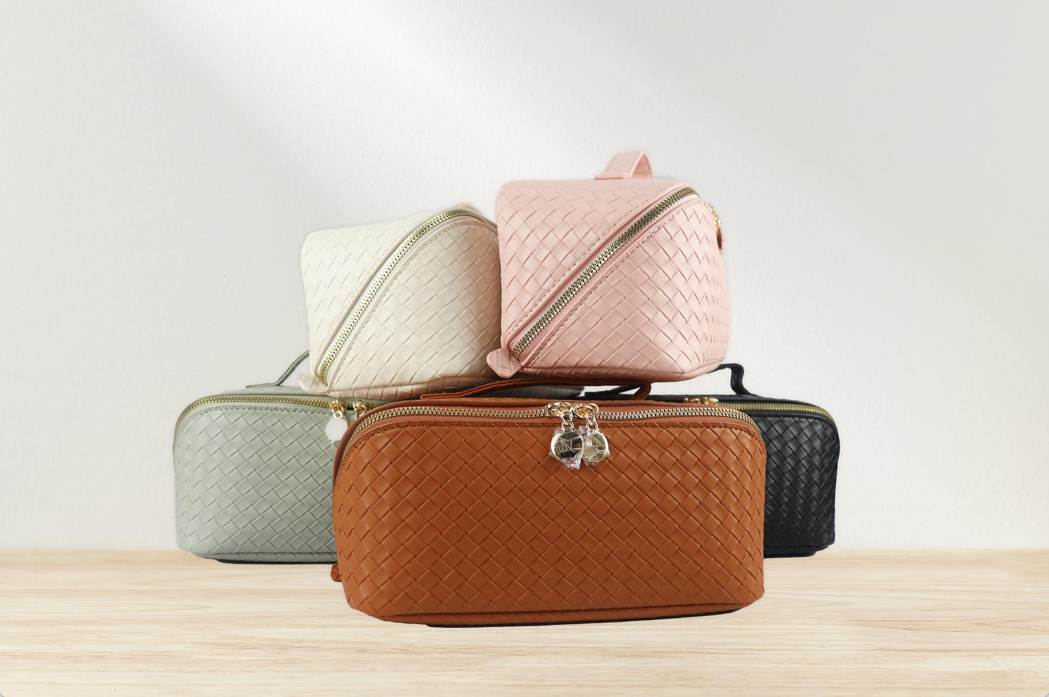 Generic Large Capacity Makeup Bag, PU Leather Makeup Bag Organizer, Toiletry Bag for Women, Travel Makeup Bag with divider, Cosmetic Bags for Women, Leather Waterproof Cosmetic Bag, Open Flat Design (Green)