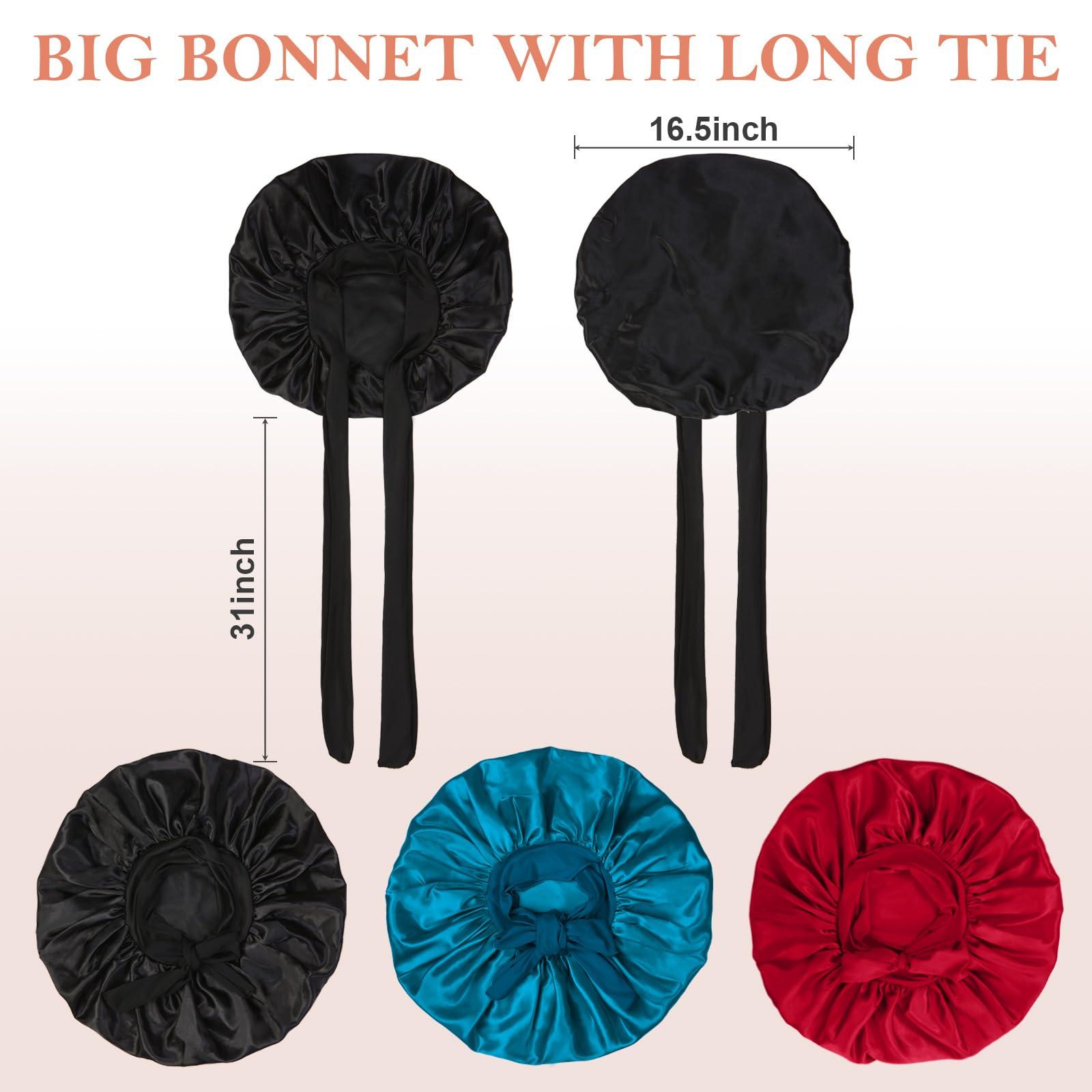 Kafteri Kafteri 3Pcs Satin Silk Bonnet for Sleeping, Extra Large Hair Bonnets for Sleeping Black Curly Hair Women Big Jumbo Bonnet with Tie Band Braids Shower Cap