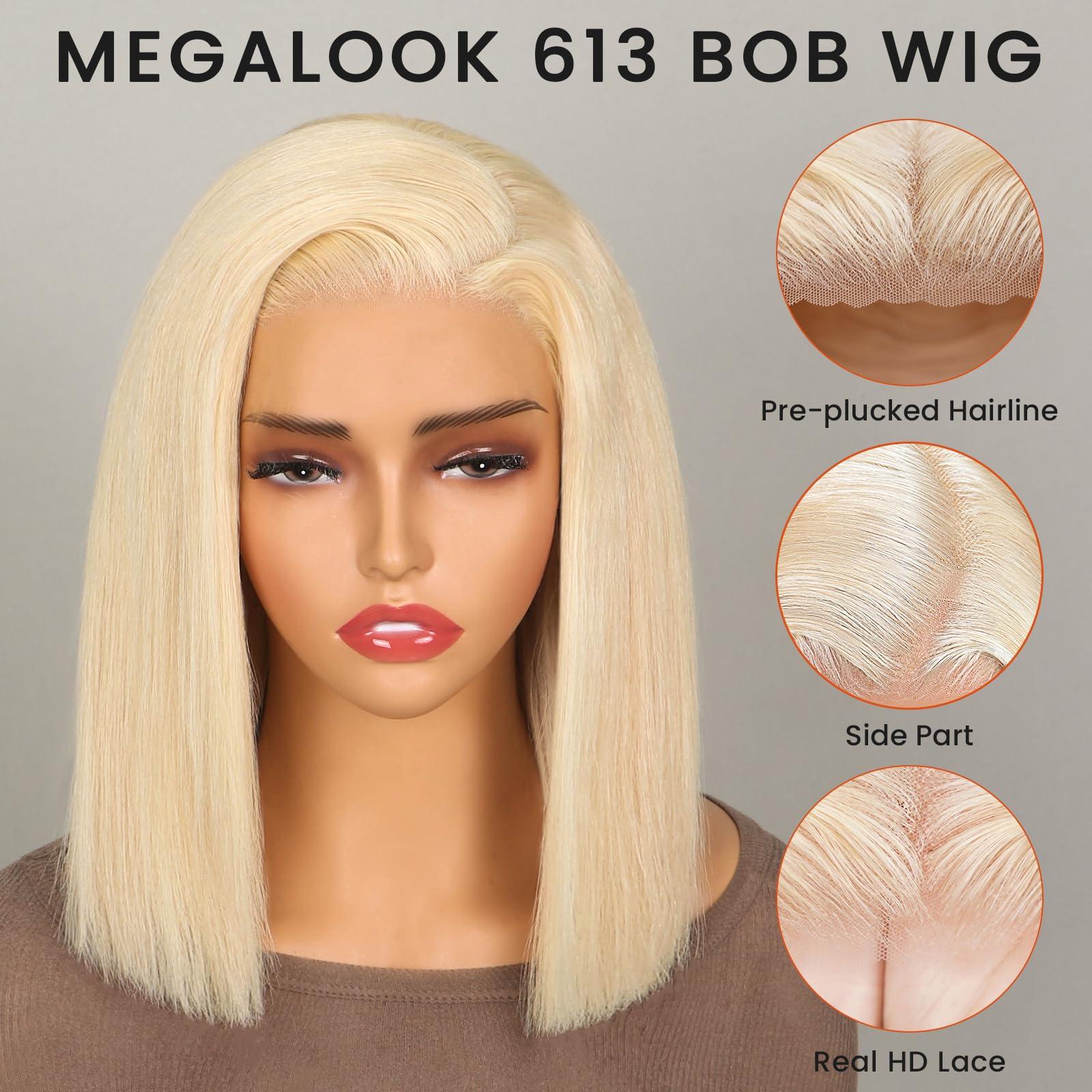 MEGALOOK MEGALOOK Blonde 613 Bob Wig Human Hair Ready To Go Glueless Pre Cut 65 Closure Blonde Wig Human Hair 200% Density Straight 613 Bob Wigs Real Pre Bleached Tiny Knots 12 Inch