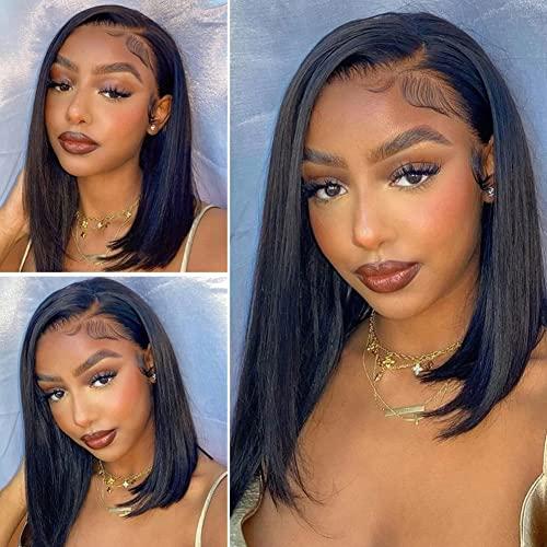 Anlimer Anlimer Asymmetrical Side Part Blunt Cut 13x4 Lace Front Wig Human Hair Bob Wigs Glueless Pre Plucked With Baby Hair Lace Closure Bob Remy Hair Wig for Black Women Silk Base Lace Frontal Wig Natural Color (10, 13x4 Lace Front Wig 150 Density)