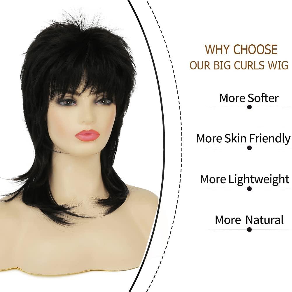 Amnenl Amnenl Mullet Wig for Women Black Wig Shoulder Length Shaggy Layered Wig Curly 80s Wig Heat Resistant Cosplay Daily Hair Wigs (Black)